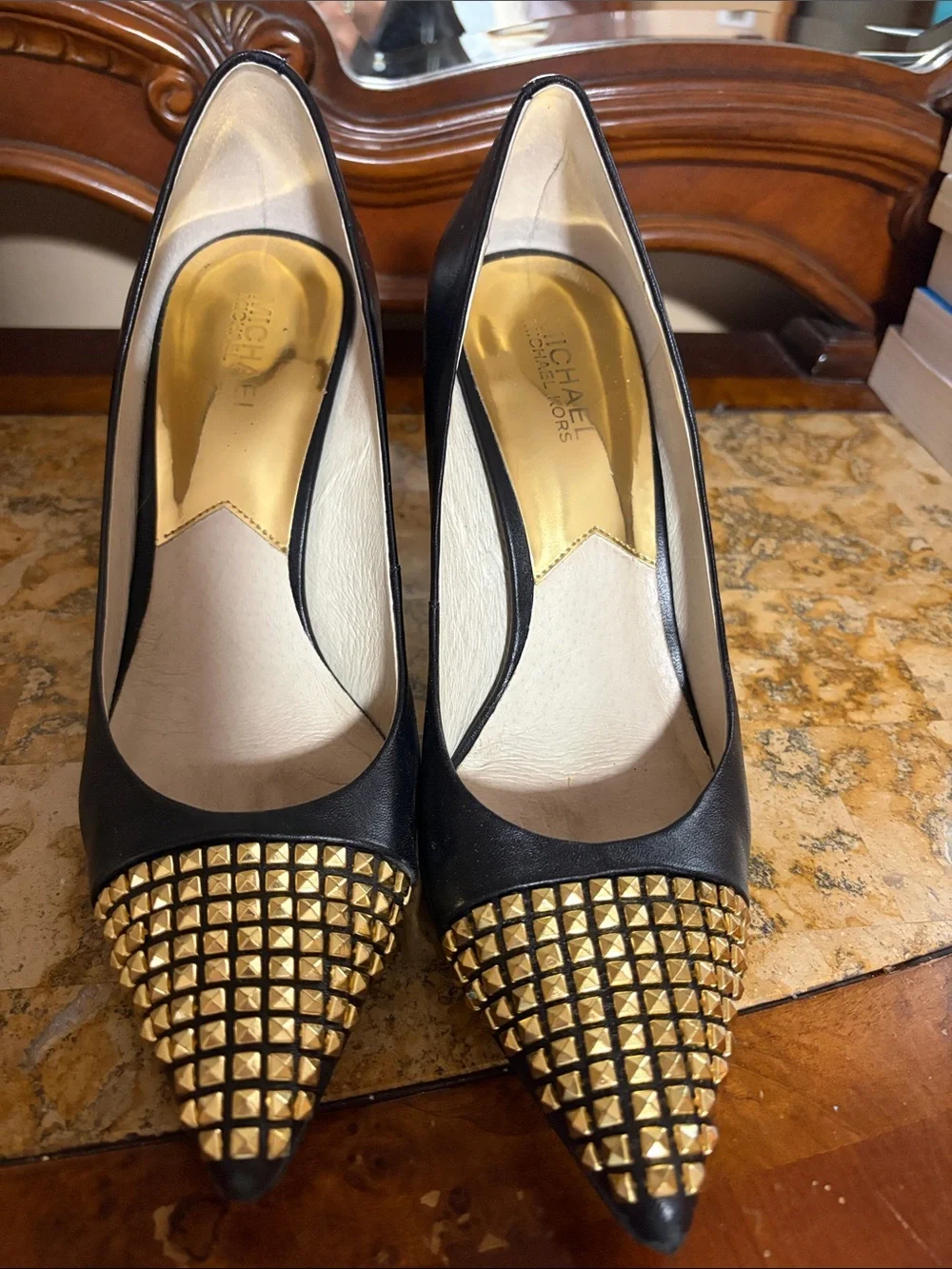 Michael Kors Black Leather Pointed-Toe Pumps with Gold Studs